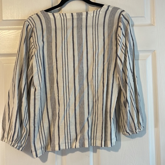 Loft White and Blue Stripe Linen Button Down Top - Small Petite - Picture 3 of 4